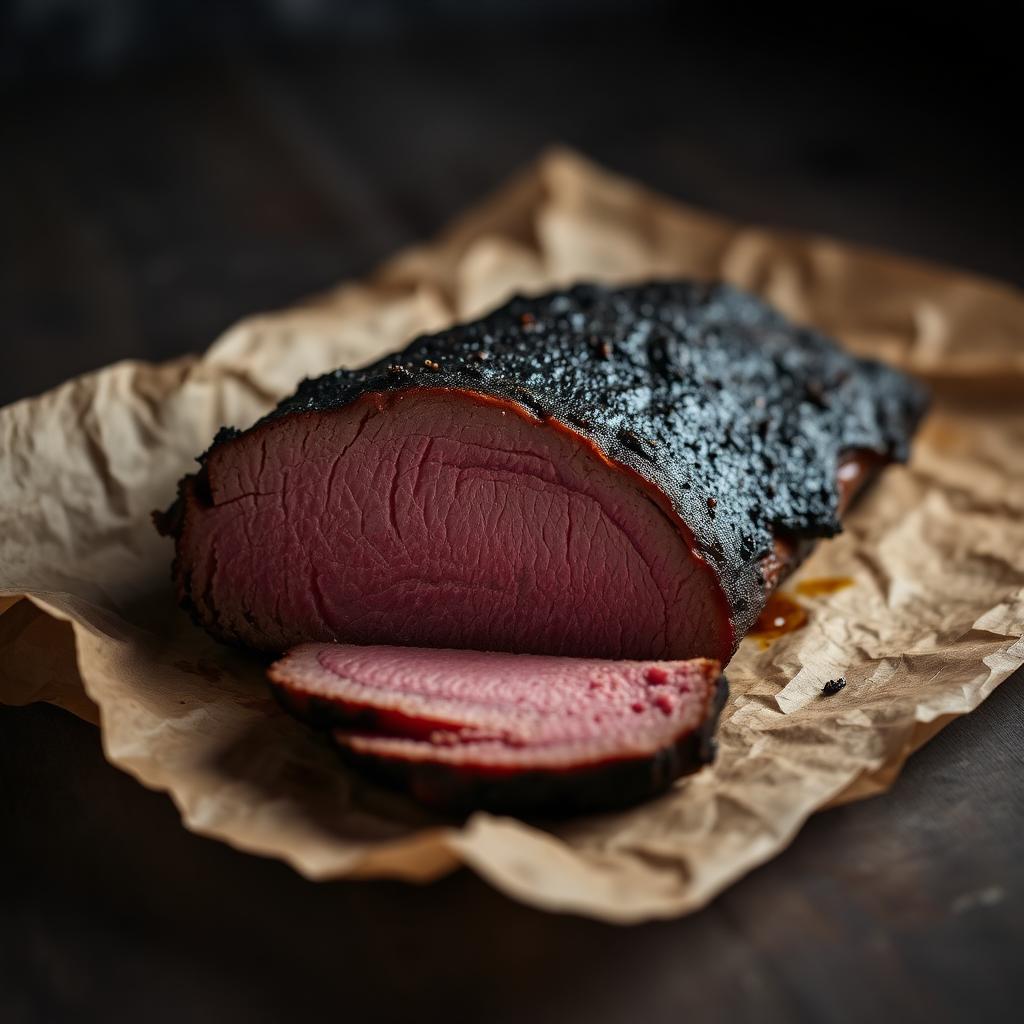 Sliced smoked brisket with deep bark
