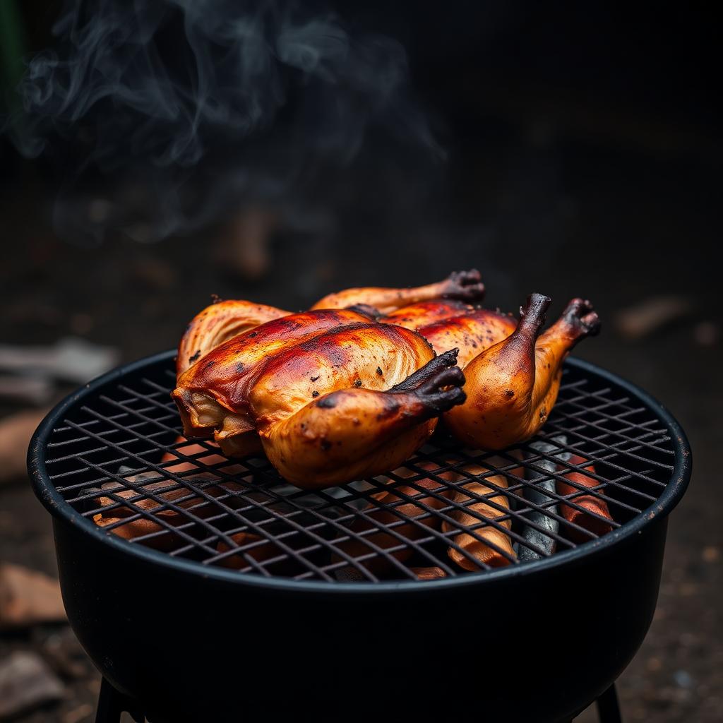 Whole smoked chicken on a charcoal grill